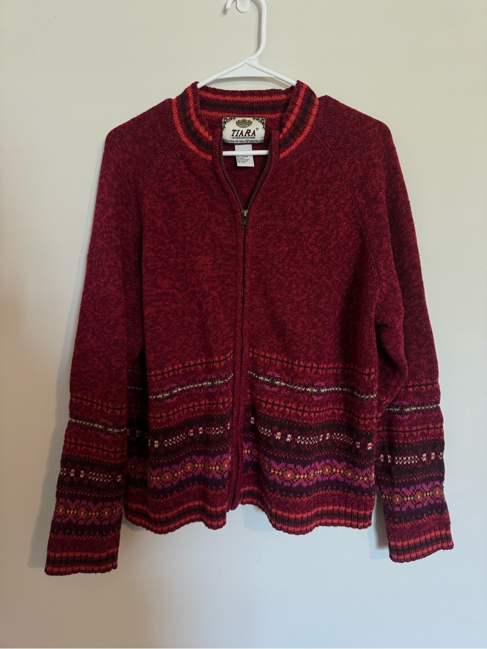 Tiara Burgundy Zip-Front Patterned Knit Cardigan